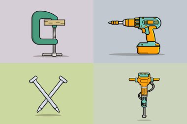 İnşaat Koleksiyonu, Marangoz Çalışma ve Güvenlik araçları vektör çizimi. Matkap ve Elektrik matkabı, Yangın Su Musluğu ve Kıskaç sıkıştırma çalışma elemanları vektör tasarımı.