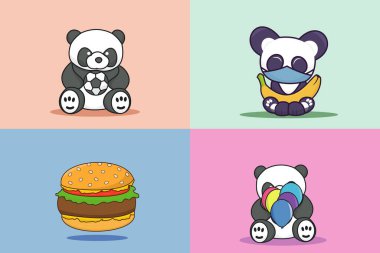 Collection of Cute Bear playing with Balloons, Banana, and Football with Burger vector design illustration. clipart