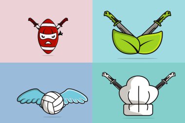 Collection of Swords with Chef Cooking Hat and Rugby Ball with Football vector illustration. clipart