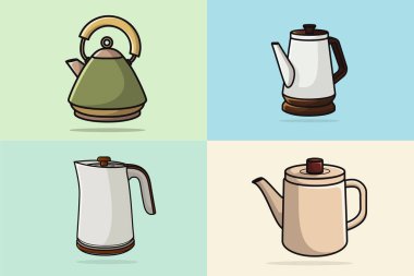 Çaydanlık vektör illüstrasyonunun koleksiyonu. Mutfak içi nesne ikonu konsepti. Açık turuncu arka planda kapalı kapak simgesi tasarımı ile Sabah Çay Çaydanlığı.