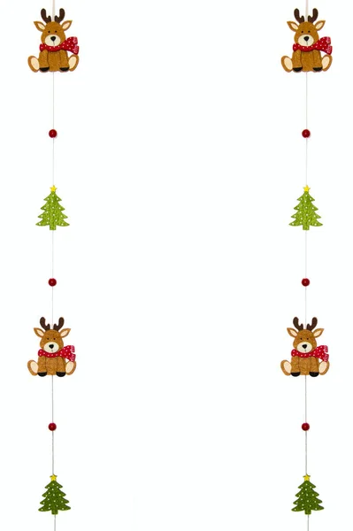 christmas border with reindeer and christmas tree on white background