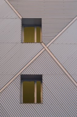 two vertical windows on a metal facade