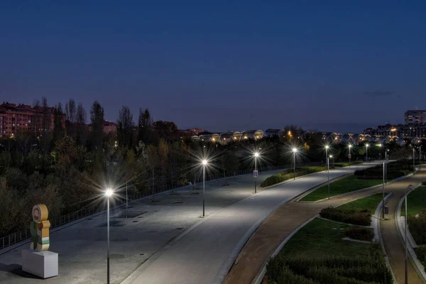 path with lit streetlights in a park at night