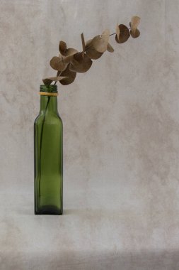still life with green bottle glass with leaves, isolated on white background