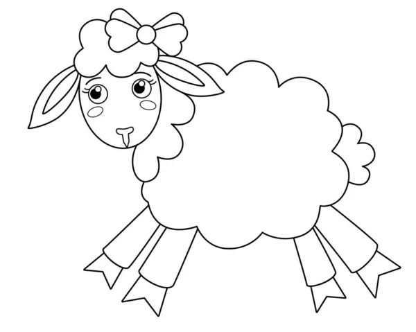 弓でかわいい少し悲しい羊 着色のためのベクトル線形画像 子羊のぬり絵 — ストックベクタ