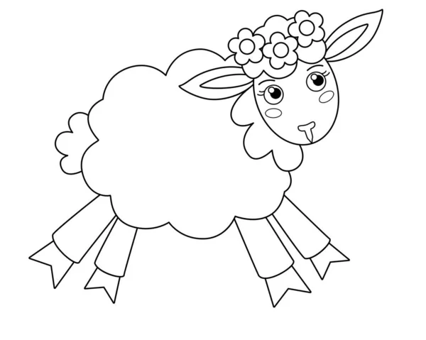 Agneau Mignon Petit Mouton Avec Couronne Image Vectorielle Linéaire Pour — Image vectorielle
