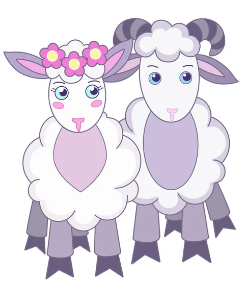 Sheep Ram Couple Cute Sheep Vector Full Color Picture Lambs — Stockvektor