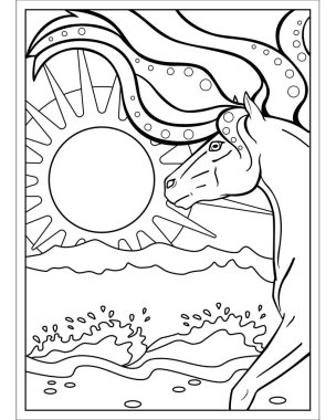 Deniz dalgaları ve güneşin arka planında uzun yelesi olan bir at. Renkler için doğrusal bir vektör resmi. Özet geç. Deniz manzaralı bir sayfanın önündeki uzun yeleli aygır.