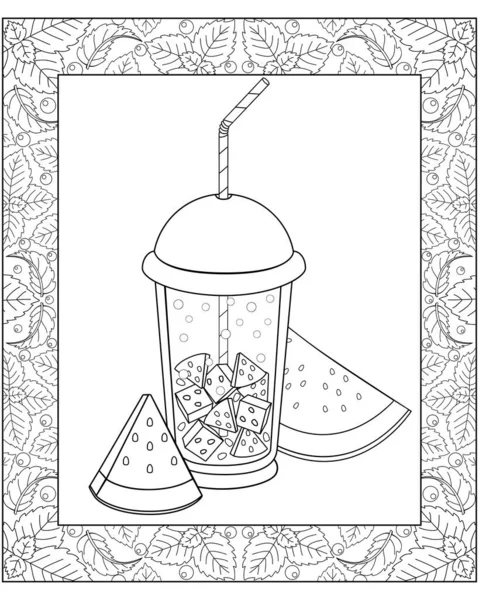Склянка Кавунової Соди Шматки Кавуна Поруч Нею Векторне Лінійне Зображення — стоковий вектор