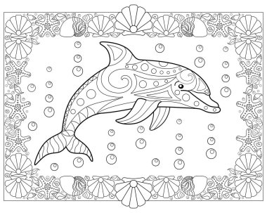 Bir yunus ve deniz kabuğu çerçeveli stres önleyici boyama kitabı boyama için vektör doğrusal bir resim. Özet geç. Deniz memelilerinin şişe burunlu yunuslarıyla boyama kitabı.