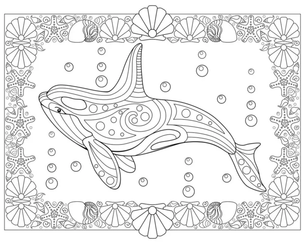 キラークジラとシェルフレームと抗ストレス着色本 着色のためのベクトル線形画像 海洋哺乳動物のオルカと着色ページ ロイヤリティフリーストックベクター