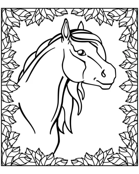 Beautiful Long Maned Horse Frame Leaves Vector Linear Picture Coloring — Stock Vector