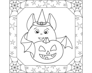 Cadı şapkalı şirin bir yarasa ve kare çerçeveli bir Cadılar Bayramı kabağı, örümcek ağları ve yıldızlarla boyama için vektör doğrusal bir resim. Özet geç. Komik sopalı çocuklar için Cadılar Bayramı boyama kitabı.