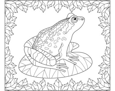 Yapraklardan oluşan bir çerçevede bir nilüfer yaprağının üzerinde oturan kurbağa boyama için vektör doğrusal bir resim. Özet geç. Kurbağa, boyama kitabı için amfibik hayvan.