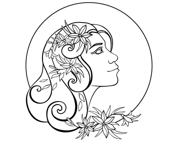 Портрет Девушки Цветами Волосах Векторная Линейная Картина Окраски Женщина Профиле — стоковый вектор