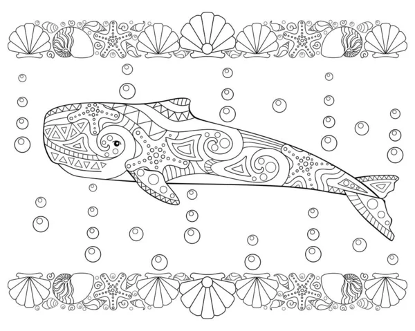 Sperma Whale Coloring Antistress Met Een Frame Van Schelpen Een — Stockvector