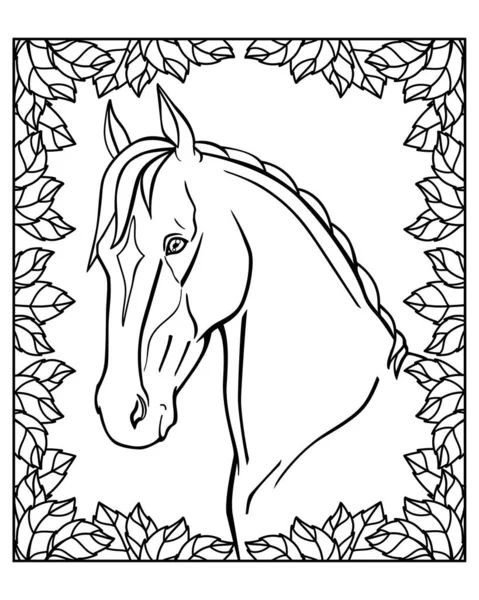 葉のフレームに優雅なAkhal Teke馬の肖像画 着色のためのベクトル線形画像 ぬり絵の馬頭 — ストックベクタ