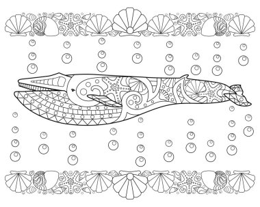 Kabuk sınırları olan mavi balina antistresi - boyama için vektör doğrusal resim. Özet geç. Zentangalı deniz memelisi hayvan balinasıyla renklendirme sayfası.