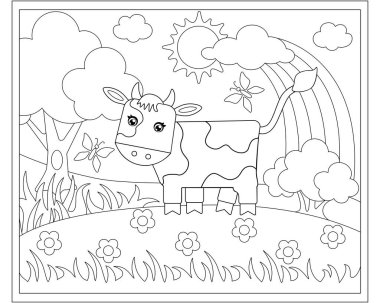 Çayırdaki şirin inek - boyama için vektör doğrusal resim. Çiçekler, ağaçlar, bulutlar, güneş ve gökkuşağı olan bir arazide bir buzağı. Özet geç. Çocuklar için boyama sayfası.