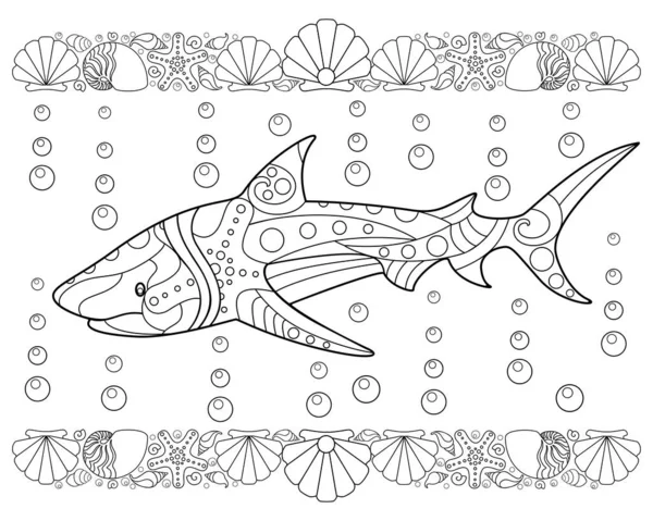 シェル境界線とサメのストレス 着色のためのベクトル線形画像 色本のためのゼンタングルとサメの魚とぬりえ本 ロイヤリティフリーストックベクター
