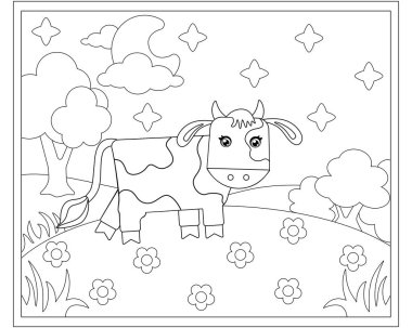 Geceleri şirin bir boğa. Renkler için vektör doğrusal bir resim. Çiçekler, ağaçlar, bulutlar, ay ve yıldızlarla dolu bir arazide bir buzağı. Özet geç. Çocuklar için boyama sayfası.