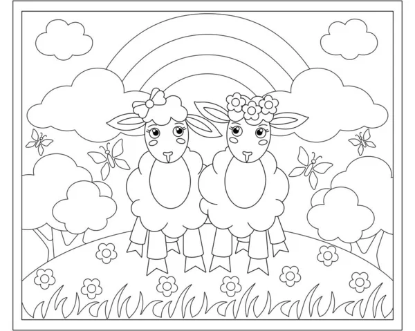 虹と雲の背景を背景に牧草地で2匹の羊のガールフレンド 着色のためのベクトル線形画像 風景の背景にかわいい羊 茂みや草だけでなく 空と蝶 ストックイラスト