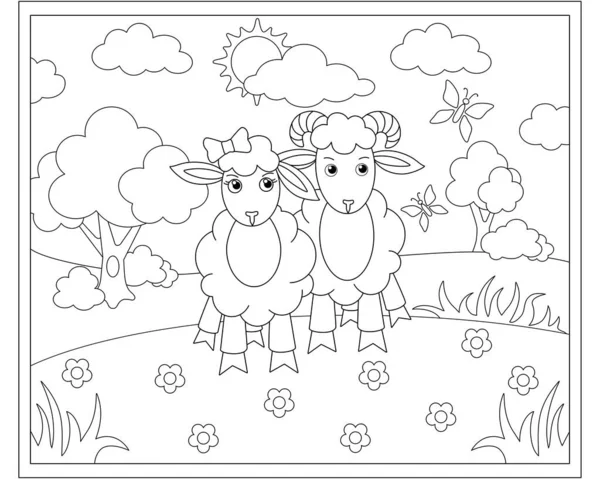 Dvě Ovce Ovce Beran Louce Pozadí Mraků Slunce Vektorový Lineární — Stockový vektor