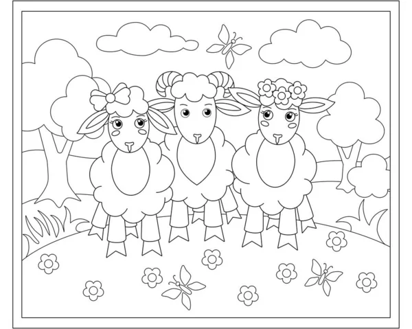 Trois Moutons Mignons Dans Une Prairie Sur Fond Nuages Papillons — Image vectorielle