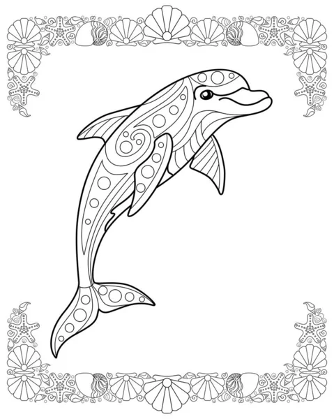 Şişe Burunlu Yunus Deniz Hayvanı Boyama Için Vektör Doğrusal Resim — Stok Vektör