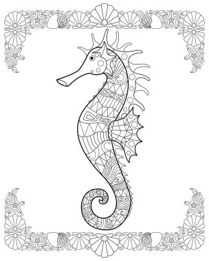 Kabuk sınırları olan deniz atı - renklendirme için vektör doğrusal resim. Özet geç. Boyama kitabı için deniz atıyla boyama kitabı..