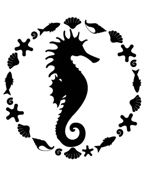 丸いフレームの海の動物のシーホースシルエット 印刷または切断のためのベクトルテンプレート 海洋のテーマに関するシーホース動物の構成 ロイヤリティフリーのストックイラスト