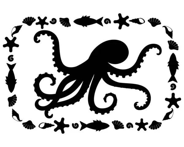 Chobotnice Mořské Zvíře Obdélníkovém Rámu Vektorová Silueta Pro Potisk Nebo Royalty Free Stock Vektory