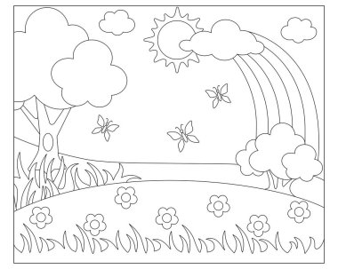 Yaz günü manzarası, kelebeklerle çiçek açan çayır. Renkler için vektör doğrusal resim. Özet geç. Çocuk boyama kitabı için ağaç, çalı, gökkuşağı ve güneş manzarası