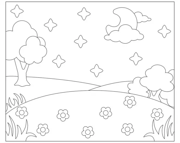 夏の夜景 咲く牧草地 着色のためのベクトル線形画像 アウトライン 雲の中の月と子供の着色の本のための風景 ストックベクター