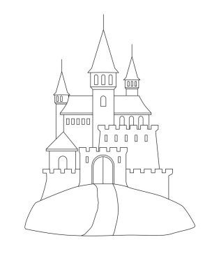 Ortaçağ kalesi, tepedeki kale. Renkler için vektör doğrusal resim. Özet geç. Kuleleri, kale duvarları ve boyama kitabı için boşlukları olan fantezi şatosu.