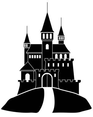 Medieval castle, fortress on a hill - vector silhouette picture for stencil. Silhouette of a Fantasy Castle with towers, fortress walls and loopholes. clipart