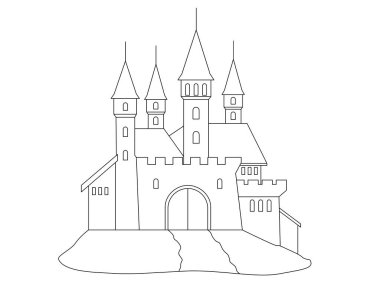 Dört kulesi olan ortaçağ kalesi, tepede bir kale - boyama için vektör doğrusal resim. Özet geç. Kuleleri, kale duvarları, boşlukları ve pencereleri olan fantezi şatosu. boyama kitabı için.