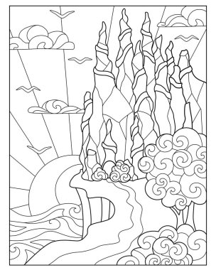 Denizin üzerinde bir kaya, kaleye benzeyen bir kaya ve ona giden yol - renklendirmek için vektör doğrusal bir resim. Özet geç. Denizin üzerinde martılar ve batan güneş.