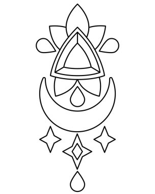 Sihirli sembollerin dekoratif elementleri ay, yıldızlar, kristal ve su damlaları - mistik tarzda vektör doğrusal elementtir. Özet geç. Renkler için sihirli doğa sembolleri