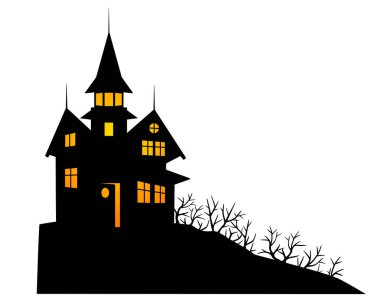 Taretleri ve kuleleri olan korkunç bir malikane. Dağda çalılarla kaplanmış. Cadılar Bayramı 'nın vektör resmi. Lanetli ev Cadılar Bayramı illüstrasyonu