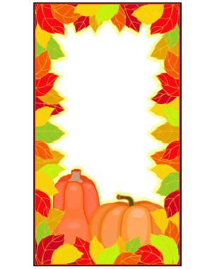 Parlak yapraklar ve balkabakları. Yapraklar ve balkabaklarıyla dekoratif sonbahar dikey çerçevesi. Fotoğraf veya metin için vektör çerçevesi, sosyal ağlar için sonbahar pankartı