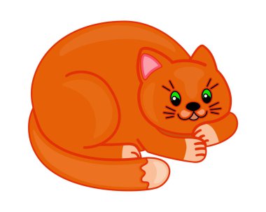 Sevimli kızıl kedi yerde yatıyor - vektör tam renk resim kedicik, çocuk çizimi