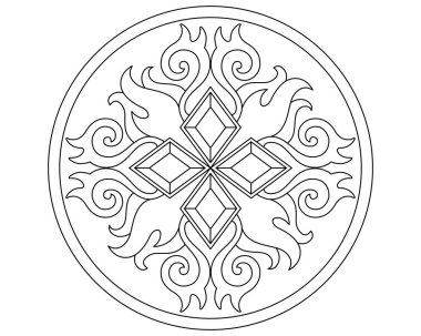 Renklendirme için kristalleri, ateşi ve dekoratif unsurları olan mandala - vektör doğrusal çizimi. Özet geç. Alevli dekoratif öğe, boyama kitabı için mücevherler