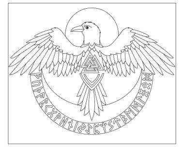 Odin 'in Kuzgunu, Yaşlı Futhark Rünleri ve Karlı Gökyüzü Arkaplanındaki Aylar - Renkler için Vektör İllüzyonu. Özet geç. İskandinav Mitolojisi ve Rune Büyüsü. Kuzgun