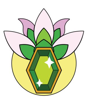 Ay ve Lotus 'un arka planında büyük bir zümrüt. Dekorasyon için tam renkli bir element. Çiçekli değerli bir kristal