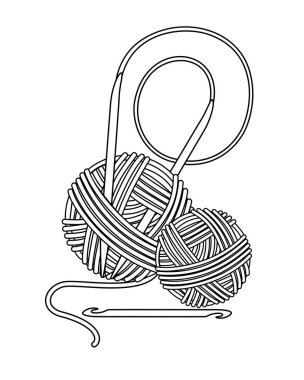 Dairesel örgü iğneleri ve iplik topları. - Logo, piktogram veya renklendirme için vektör doğrusal görüntü. Özet geç. El sanatları için araç ve gereçler.