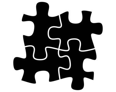 Bulmacalar - stencil, logo veya pictogram için vektör siluet çizimi. Dört yapboz parçası bir araya getirildi