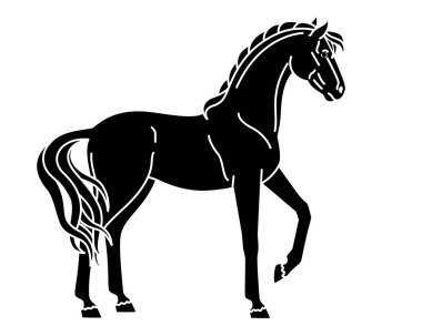 At, evcil hayvan sembolü 2026 - logo, pictogram veya stencil için vektör siluet görüntü. Mare, uzun kuyruklu zarif bir hayvandır..