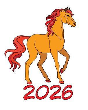 Ateş atı sembolü 2026, Çin burcunun hayvanı vektör renk görüntüsü. Parlak kırmızı-turuncu at ve yazıt 2026