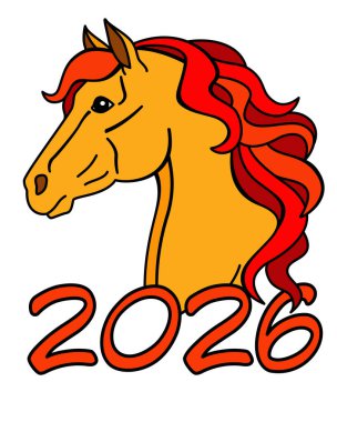 Ateş atı sembolü 2026, Çin burcunun hayvanı vektör renk hayvan portresi. Parlak kırmızı-turuncu at kafası ve yazıt 2026